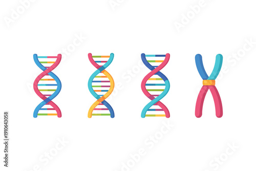 Colorful DNA strands and chromosome icons representing genetics and biology