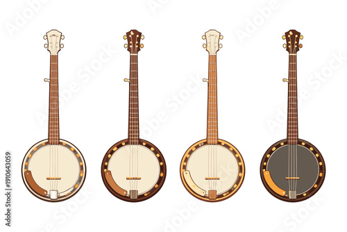 Collection of four different banjos with varying headstock and rim colors