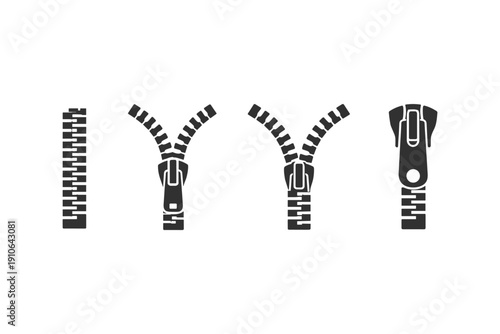Collection of zipper icons showing different states of open and closed fasteners