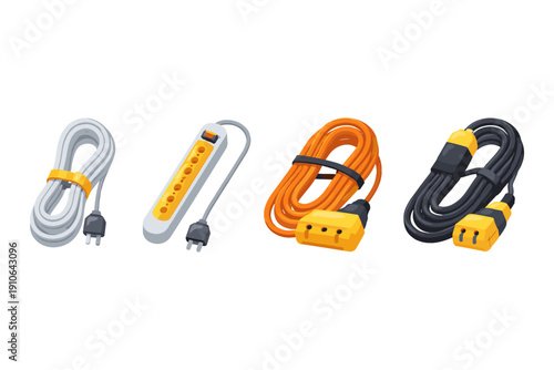 Collection of electrical extension cords and power strip with plugs and sockets
