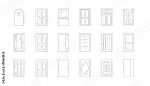 Collection of various door and window designs in minimalist line art.