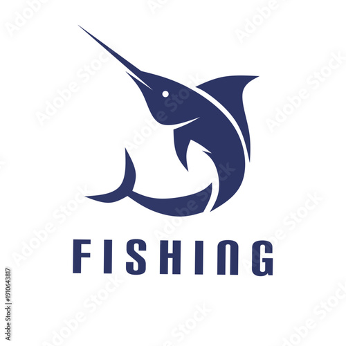 Stylized marlin fishing logo with dynamic navy silhouette and bold typography. Modern nautical emblem ideal for sport fishing clubs, seafood brands, marine businesses, and outdoor apparel design