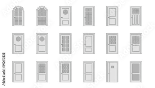 Collection of Various Door Designs and Styles Illustrated in Gray.