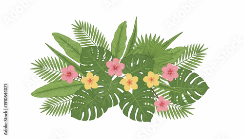 Tropical leaves and flowers arrangement in a vibrant botanical design.