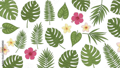 Tropical leaves and flowers seamless pattern on white background.