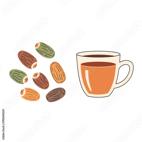 A warm cup of coffee accompanied by almonds and coffee beans on a clean white surface viewed from directly above