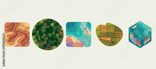 Top View Map Island Terrain Design, Ocean Beach Aerial View Illustration, Game Map Landscape Tileset Clipart, Green Land Blue Sea Graphic Set, 2D Adventure Map Element Bundle, Tropical Island Top Down