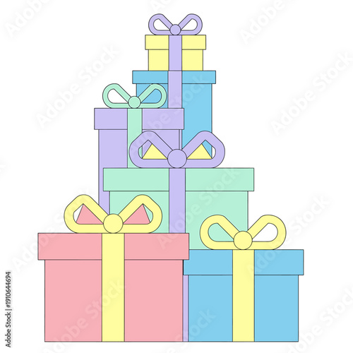 A stack of colorful gift boxes with bows viewed from the front