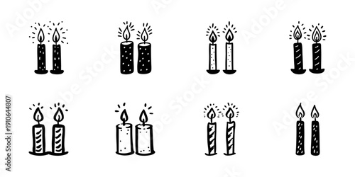 Two Candles In Hand Drawn Style Set. Celebration, Festivity, And Warmth Doodle Sketch Collection. Decorative Lighting Elements. Isolated Vector Illustration