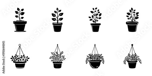 Potted And Hanging Plants In Hand Drawn Style Set. Indoor Gardening, Home Decor, Greenery Doodle Sketch Collection. Botanical Elements, Nature Aesthetics. Isolated Vector Illustration