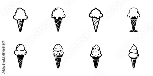 Ice Cream Cone Variations In Hand Drawn Style Set. Sweet Treats, Dessert Icons Doodle Sketch Collection. Summer Refreshment, Food Illustration. Isolated Vector Illustration