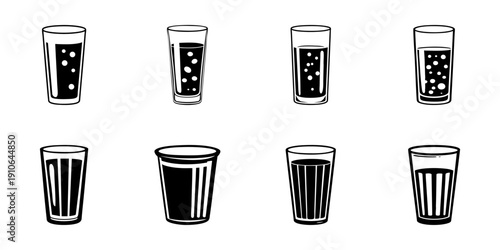 Various Beverage Glasses In Hand Drawn Style Set. Drink Variety, Refreshment, And Beverage Choice Doodle Sketch Collection. Isolated Vector Illustration