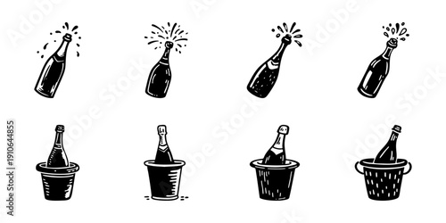 Champagne Bottle Celebration Icons In Hand Drawn Style Set. Festive Toasting, Party Celebration, And Beverage Enjoyment Doodle Sketch Collection. Isolated Vector Illustration