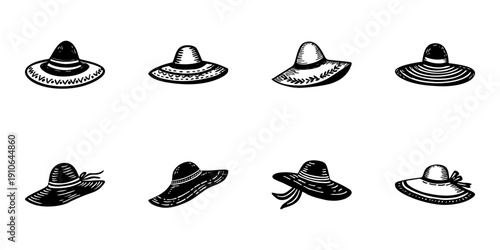 Wide-Brimmed Hats In Hand Drawn Style Set. Fashion Accessories, Sun Protection, Summer Style Doodle Sketch Collection. Vintage Headwear Designs. Isolated Vector Illustration