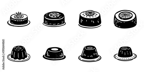 Assorted Pudding And Jelly Desserts In Hand Drawn Style Set. Sweet Treats, Culinary Art, Dessert Presentation Doodle Sketch Collection. Isolated Vector Illustration