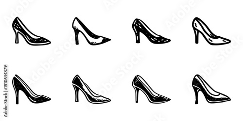 High Heel Shoes In Hand Drawn Style Set. Fashionable Footwear, Elegant Style, Women'S Fashion Doodle Sketch Collection. Stylish Accessories. Isolated Vector Illustration