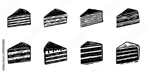 Cake Slice Variations In Hand Drawn Style Set. Dessert, Pastry, And Bakery Doodle Sketch Collection. Sweet Treats Illustration. Isolated Vector Illustration