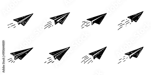 Paper Airplane Icons In Hand Drawn Style Set. Communication, Creativity, And Freedom Doodle Sketch Collection. Symbolizing Ideas And Innovation. Isolated Vector Illustration