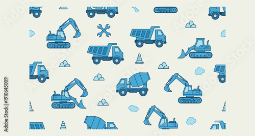 Construction Vehicle Truck Equipment Set, Blue Excavator Dump Truck Clipart Design, Heavy Machinery Builder Illustration Bundle, Construction Site Element Graphic Art, Industrial Vehicle Crane Sticker