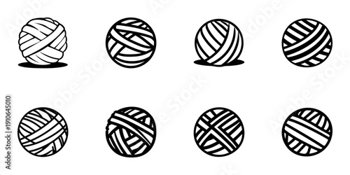 Yarn Ball Icons In Hand Drawn Style Set. Knitting, Crochet, Crafting, Textile Art Doodle Sketch Collection. Creative Hobby Symbols. Isolated Vector Illustration