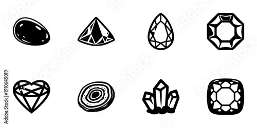 Gemstone And Crystal Icon Set In Hand Drawn Style. Jewelry, Mineral, And Precious Stone Doodle Sketch Collection. Decorative Elements For Design. Isolated Vector Illustration