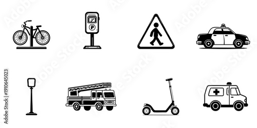 Urban Transportation And Safety Icons In Hand Drawn Style Set. City Mobility, Traffic Management, And Emergency Services Doodle Sketch Collection. Isolated Vector Illustration