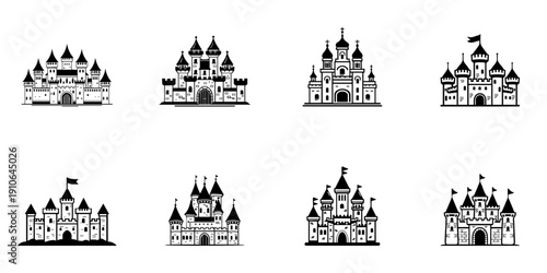 Castle Icon Set In Hand Drawn Style. Medieval Architecture, Fantasy Fortresses, And Historical Buildings Doodle Sketch Collection. Fairytale And Storybook Themes. Isolated Vector Illustration