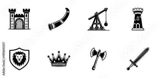 Medieval Icon Set In Hand Drawn Style. Castle, Horn, Catapult, Tower, Lion Shield, Crown, Axe, Sword Doodle Sketch Collection. Historical Warfare And Royalty Symbols. Isolated Vector Illustration