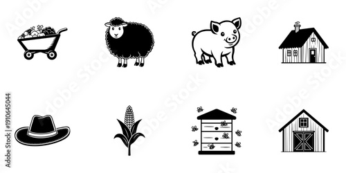 Farm Life Elements In Hand Drawn Style Set. Agriculture, Livestock, And Rural Living Doodle Sketch Collection. Farming And Homestead Icons. Isolated Vector Illustration