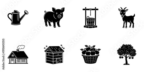 Farm Life Elements In Hand Drawn Style Set. Rural Agriculture, Animal Husbandry, And Gardening Doodle Sketch Collection. Rustic Countryside Icons. Isolated Vector Illustration