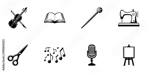 Creative Arts And Crafts Icon Set In Hand Drawn Style. Music, Literature, Sewing, And Visual Arts Doodle Sketch Collection. Artistic Expression Tools. Isolated Vector Illustration