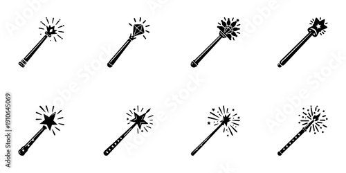 Magic Wands Collection In Hand Drawn Style Set. Enchantment, Fantasy, Wizardry Doodle Sketch Collection. Magical Tools And Symbols. Isolated Vector Illustration
