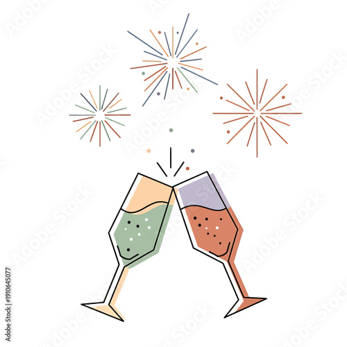 Celebratory champagne clinking amidst fireworks in a festive party atmosphere from a front viewpoint