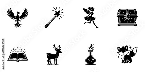 Fantasy Icon Set In Hand Drawn Style. Magical Creatures, Enchanted Objects, And Mythical Elements Doodle Sketch Collection. Fairy Tale And Adventure Theme. Isolated Vector Illustration