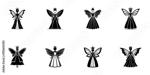 Fairy Princess Silhouette Icons In Hand Drawn Style Set. Magical Fantasy, Enchanted Royalty, Mythical Creatures Doodle Sketch Collection. Elegant Winged Figures. Isolated Vector Illustration
