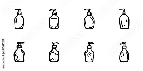 Hand Soap Dispenser Bottles In Hand Drawn Style Set. Hygiene, Skincare, And Personal Care Doodle Sketch Collection. Bathroom Essentials. Isolated Vector Illustration