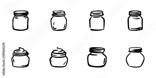 Jars And Cream Containers In Hand Drawn Style Set. Cosmetic Storage, Skincare Packaging, Beauty Product Doodle Sketch Collection. Personal Care Essentials. Isolated Vector Illustration