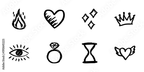 Hand Drawn Icon Set Featuring Fire, Heart, Diamonds, Crown, Eye, Ring, Hourglass, Winged Heart. Symbolizing Passion, Love, Royalty, Vision, Commitment, Time, Freedom. Isolated Vector Illustration