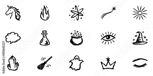 Magical Fantasy Elements In Hand Drawn Style Set. Unicorn, Fire, Atom, Shooting Star, Sun, Cloud, Potion, Cauldron, Witch Hat, Crystal, Broom, Ghost, Crown, Eyelashes. Isolated Vector Illustration