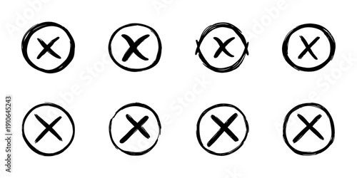 Hand Drawn Cross Marks In Circle Icon Set. Error, Incorrect, Cancel, And Rejection Symbols Doodle Sketch Collection. Decision Making And Feedback. Isolated Vector Illustration
