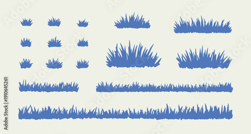 Blue Grass Bush Vegetation Clipart, Nature Plant Silhouette Illustration, Garden Lawn Grass Element Set, Wild Grass Foliage Design Bundle, Landscape Nature Border Graphic, Outdoor Greenery Decoration 