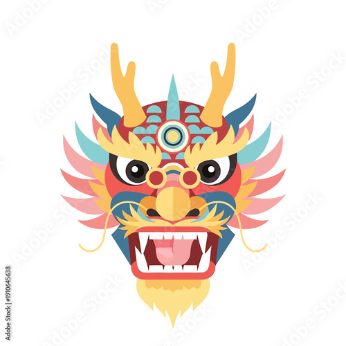 Vibrant illustration of a dragon head with intricate details and bold colors from a frontal viewpoint