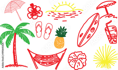 Collection of hand drawn colorful summer vacation icons including a tropical palm tree, surfboard, pineapple, hibiscus flower, sun setting over water, and beach accessories for holiday design projects