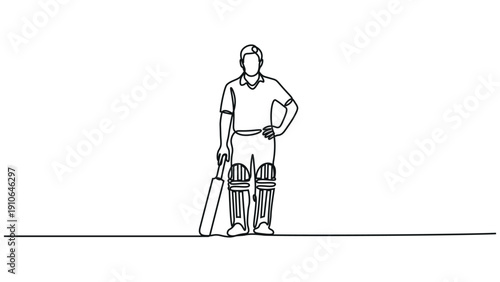 Continuous One Line Drawing of a Cricket Player Standing with Bat in Minimal Black and White Outline Style Featuring Clean Single Stroke Detail and Simple Background for Modern Sports Illustration Con