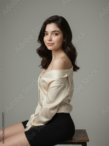 Beautiful young woman in silk blouse sitting on stool, studio portrait, minimalist aesthetic, fashion look, professional photography, soft lighting, elegant style, portraiture, authentic emotion.