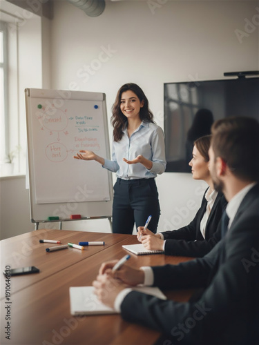 Smiling female colleague presenting business plan on flipchart to diverse team in modern office conference room, leadership, collaboration, corporate training, professional development, career growth.