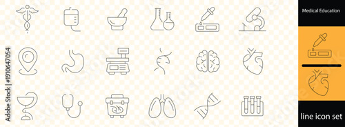 Medical Education Editable Stroke Icon Set – Line Vector Collection of Healthcare Training, Medical Learning, Hospital Equipment, Pharmacy, Ambulance, 