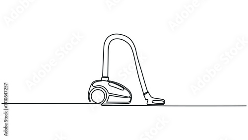 Continuous One Line Drawing of a Modern Vacuum Cleaner Created in Minimal Black and White Outline Style with Elegant Single Stroke Detail and Clean Simple Background for Contemporary Home Appliance