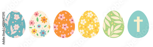 Colorful Easter egg icons with floral patterns and Christian symbol. Cute festive illustrations perfect for Easter cards, stickers, posters, children designs and holiday decorations