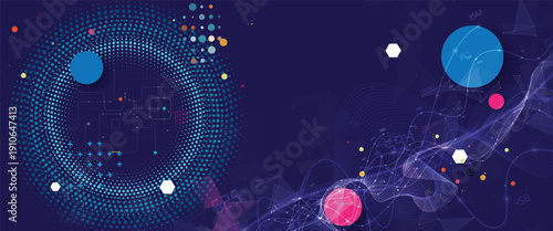 Cyber technology and science banner or header. Machine deep learning neural network